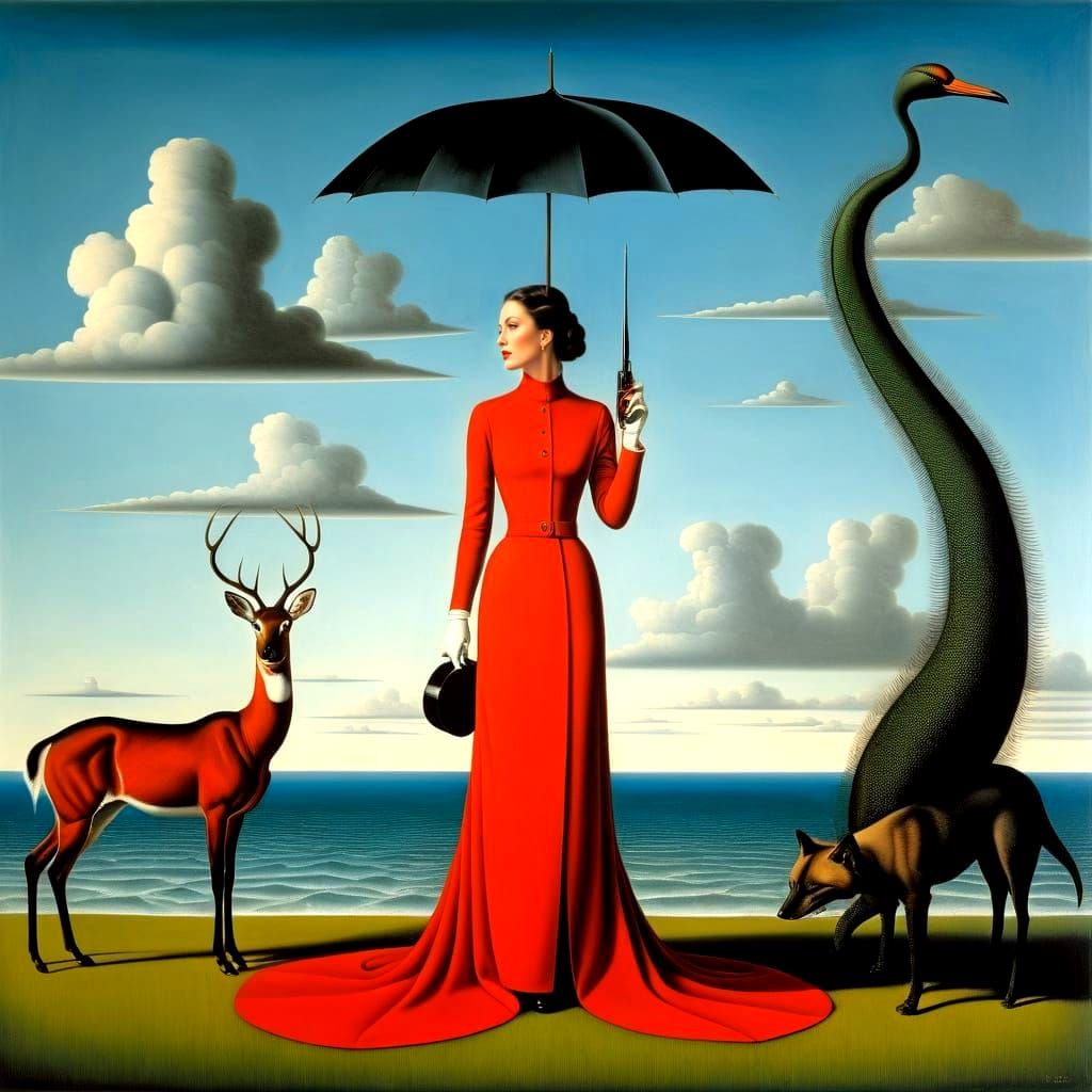 Surreal Lady with Fantastic Animals in Dreamscape