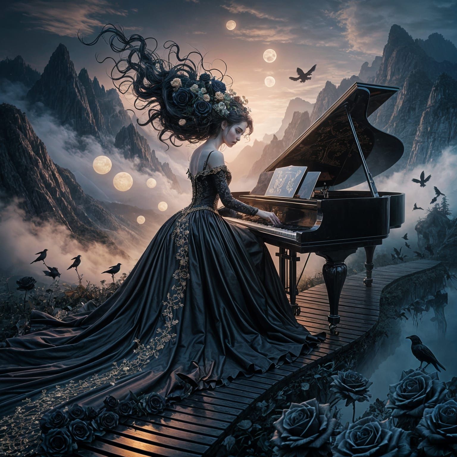 A mysterious gothic woman with flowing black hair adorned with dark roses and delicate golden ornaments, ...  by @Likra