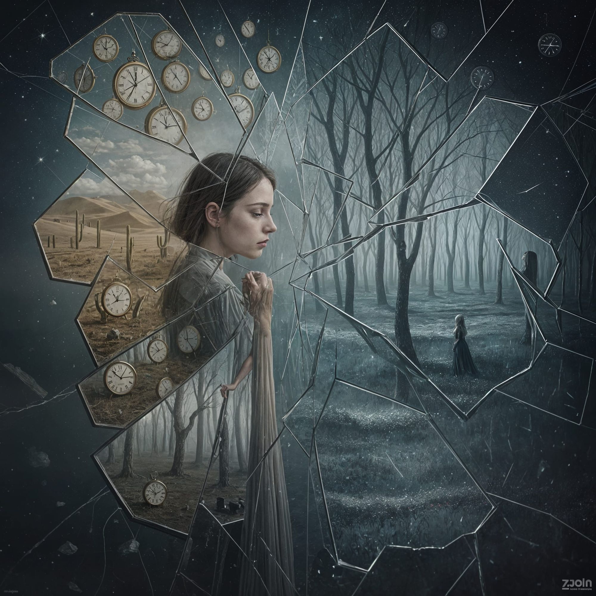 A woman with an expression of profound melancholy gazes at her reflection in a vast, shattered mirror floating in a void. Each shard reflect...