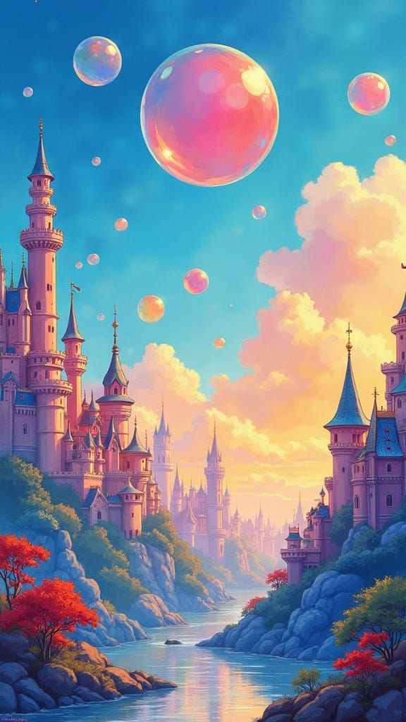 poster of floating glass bubbles drifting over a fantasy dreamscape city, spectrum, bright, daytime, gouache, watercolor, erin hanson, ghibl...