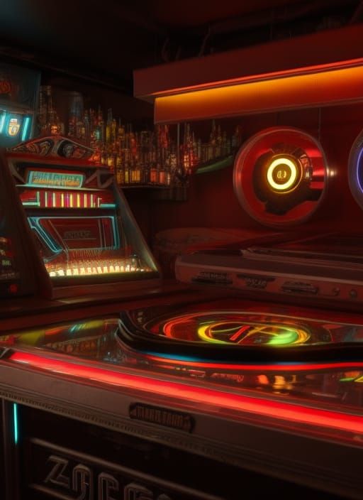 Retro Vintage Pinball Machine With Neon Lights In A Dark Seedy Dive Bar retro-vintage-pinball-machine-with-neon-lights-in-a-dark-seedy-dive-bar