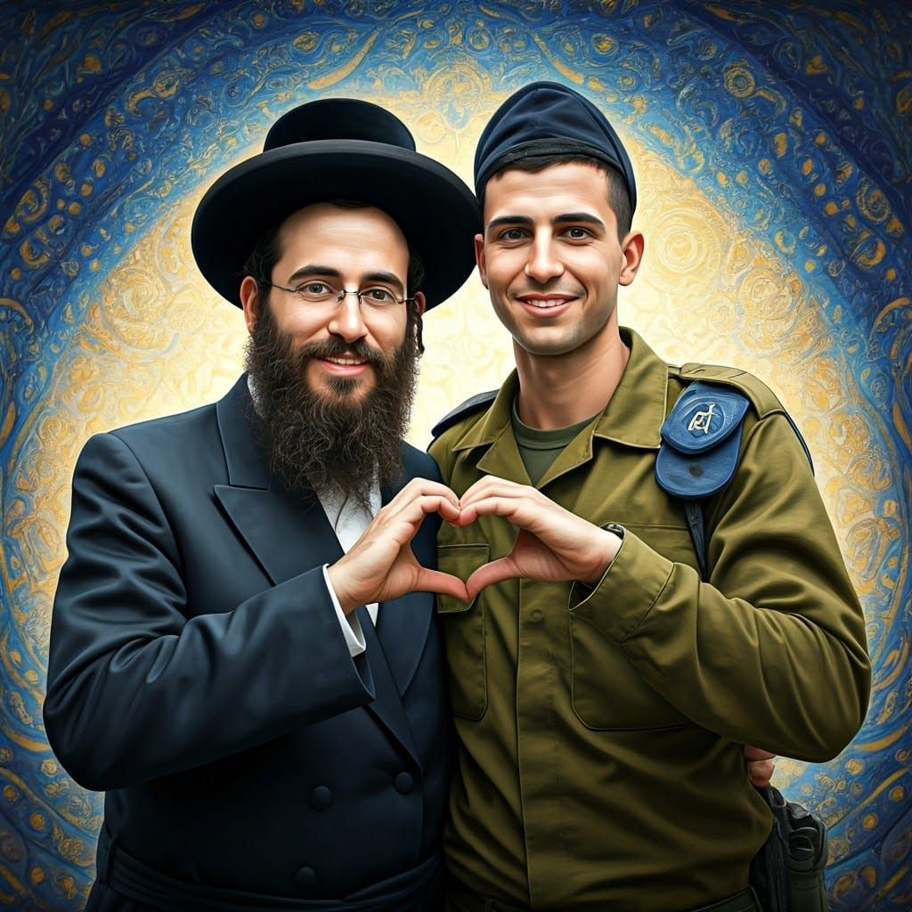 Joyful Chassidic and IDF Soldier Unite in Vibrant Dreamlike....