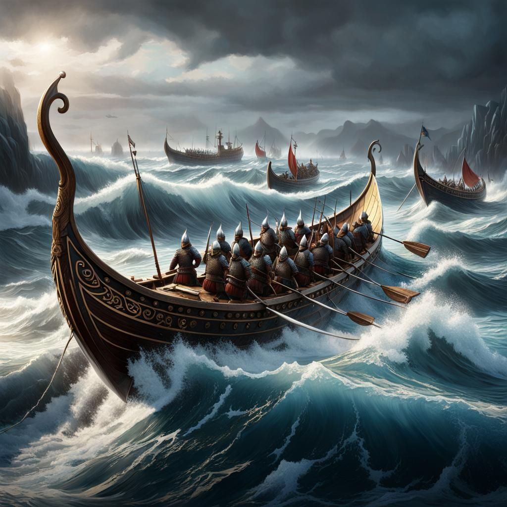 Viking long boats, full of warriors, battle the rough seas, ...