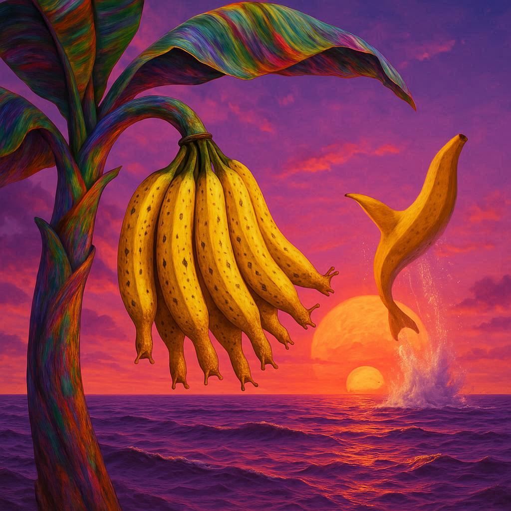 Banana slug tree and plantain whale at sunset