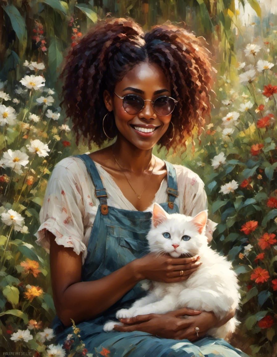 very beautiful pretty black girl with sunglasses siiting in paradise garden, holding a cute and adorable white kitten in hands, <lora:Black...