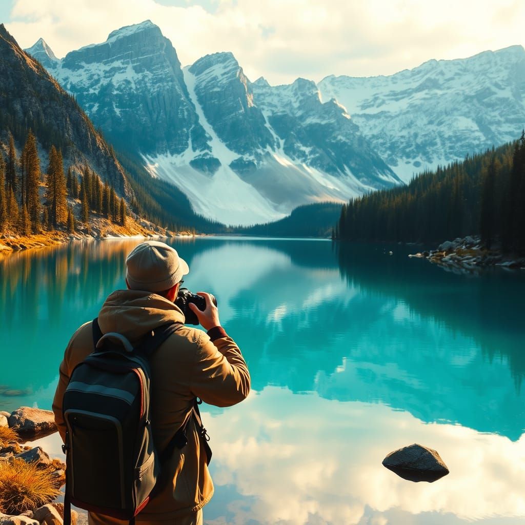 Tranquil mountain lake with turquoise waters reflecting snow-capped peaks, pine trees, and rocky slopes. ...  by @EsterJasmine