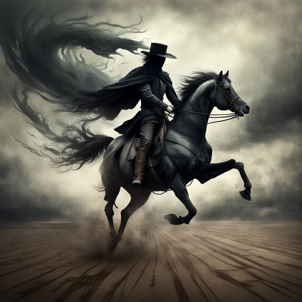 Tormented Shadow, Zorro riding Tornado stallion, Spectral Texture, grunge, Helen Cottle, Anton Semenov