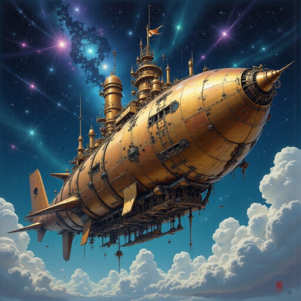 <lora:Muse:1.0>A steampunk airship navigates through a sky filled with swirling nebulae and celestial wonders, its brass and copper exterior...
