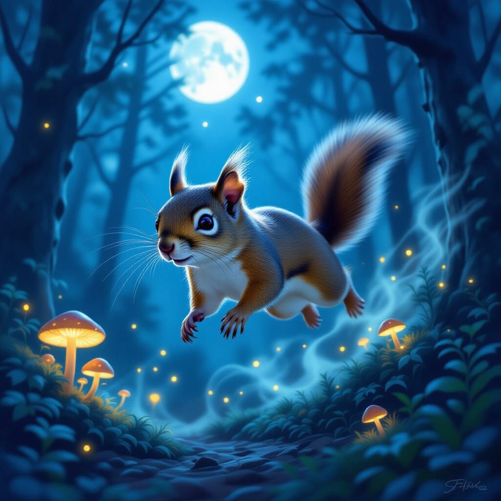 Flying Squirrel Soars Through Moonlit Forest