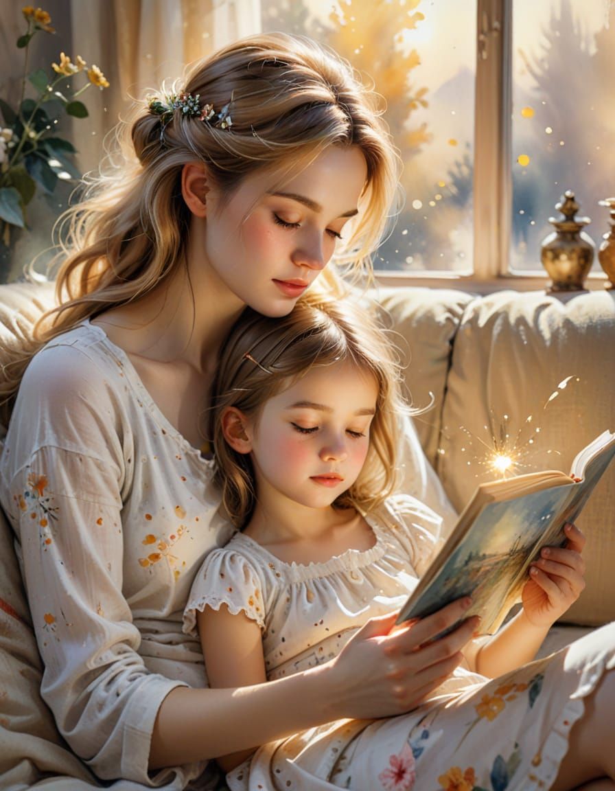 A tender scene of a young mother holding her sleepy daughter, reading a fairy tale. The girl yawns sweetly, ...  by @John P