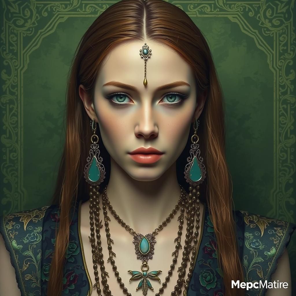 A serious looking beautiful woman of nature, in a loose rich...