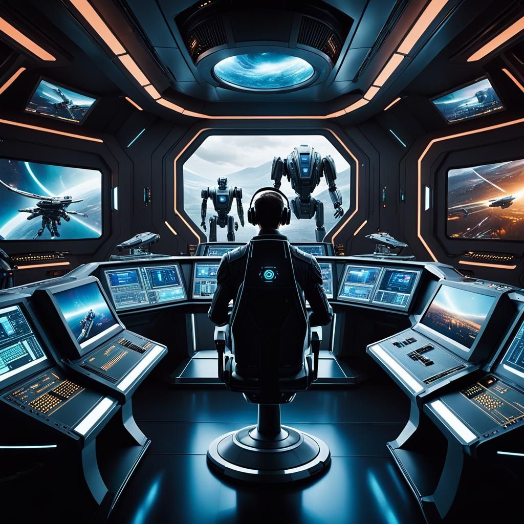 The image depicts a futuristic, sci-fi scene. In the foregro...
