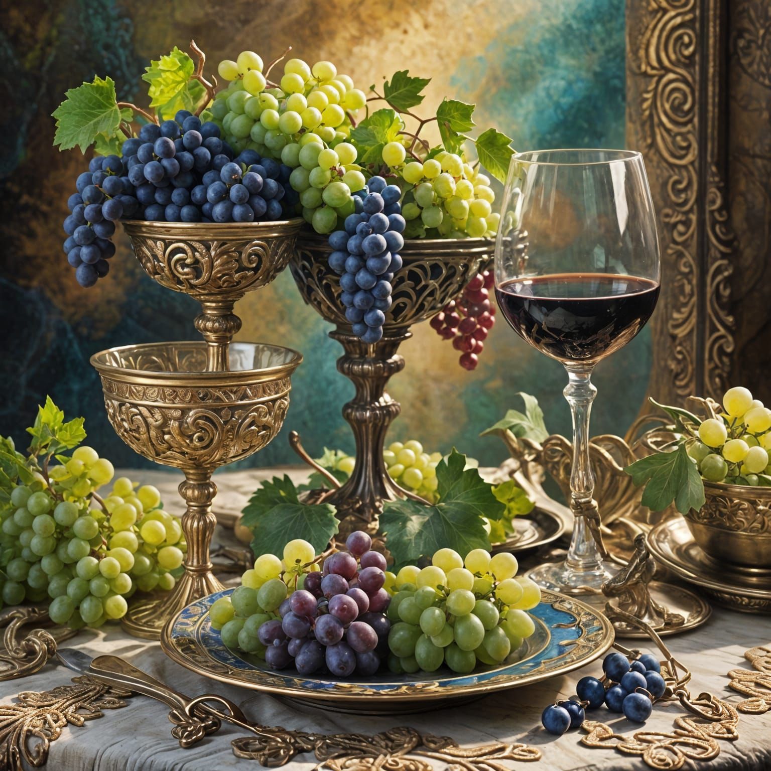 Grapes and Wine Glasses in Pastoral Setting