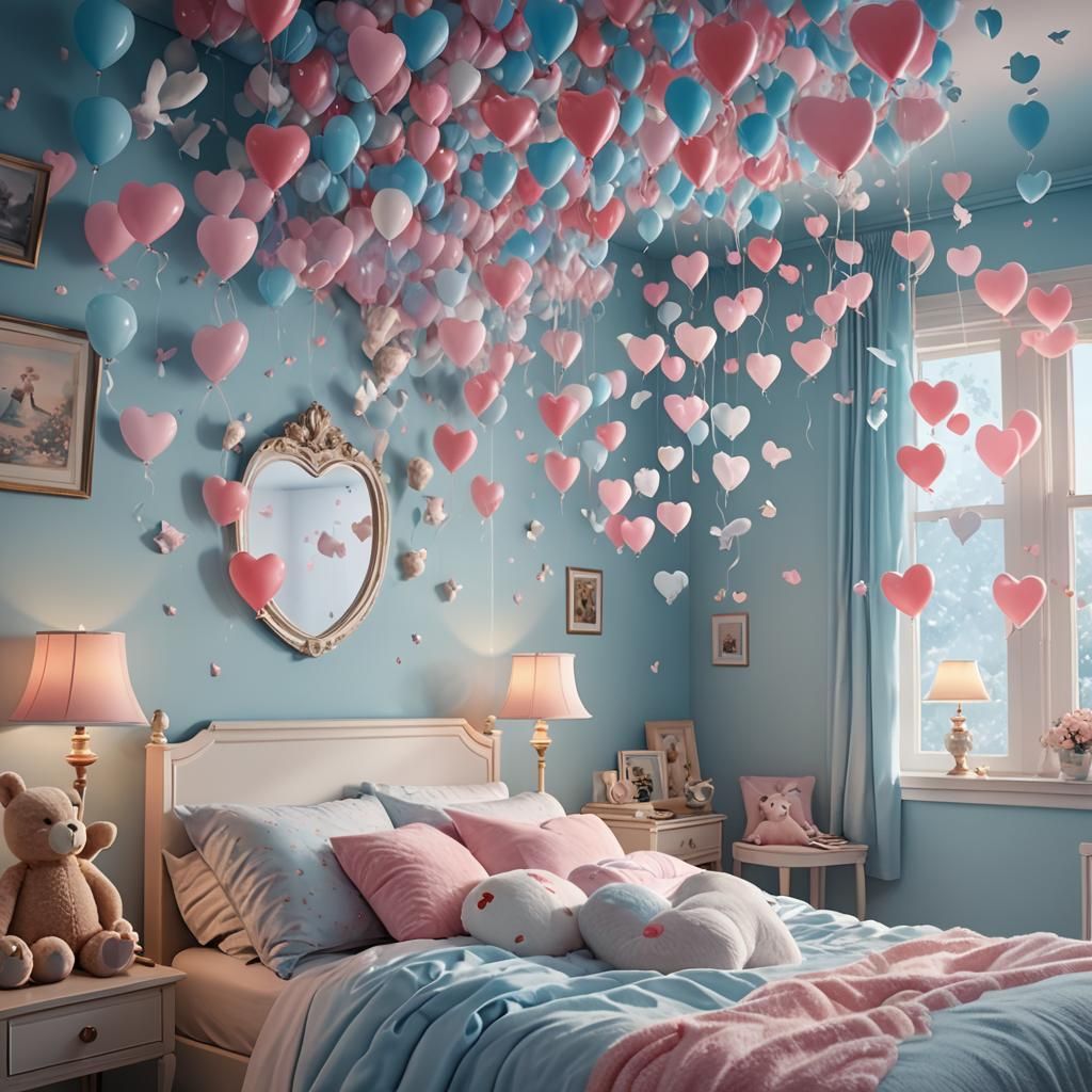 Dreamy Room with Teddy Bears and Heart Balloons