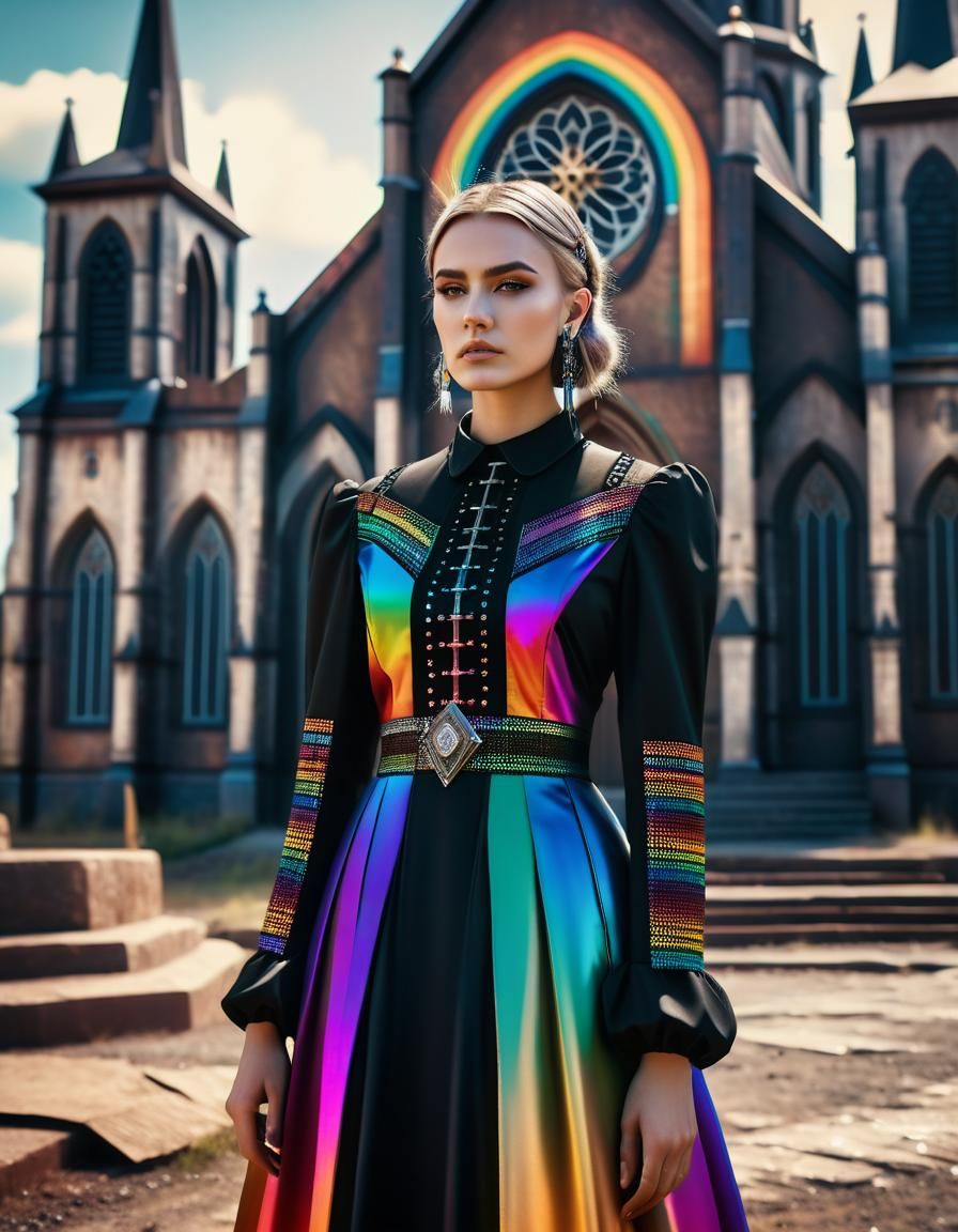 young teenager wearing gothic dress, rainbow colors, faded g...