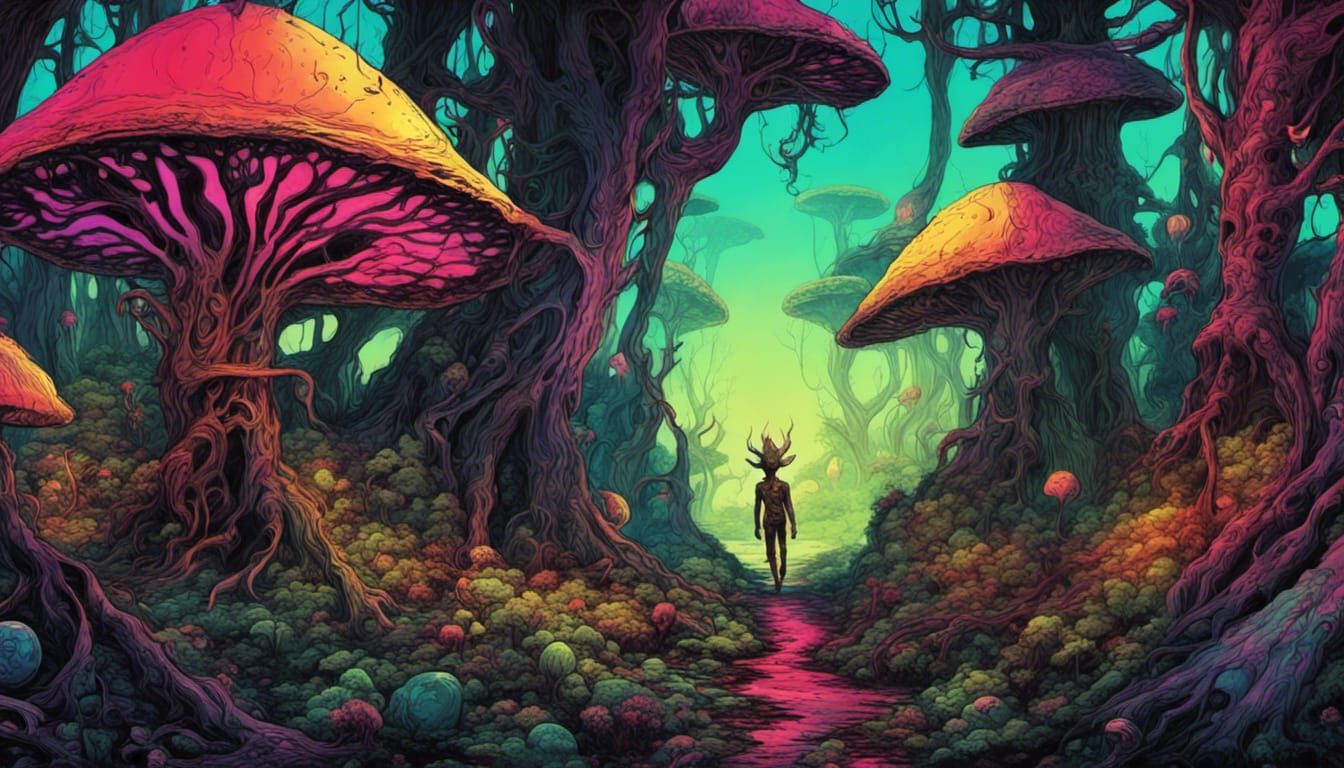 an alien psychedelic forest elf walking in an alien psychede...