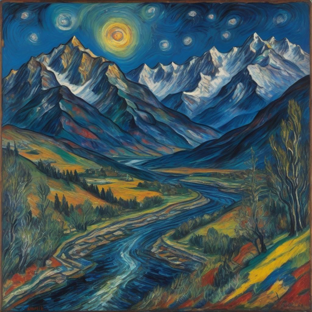 David Burliuk's painting depicting a river, mountains, night...