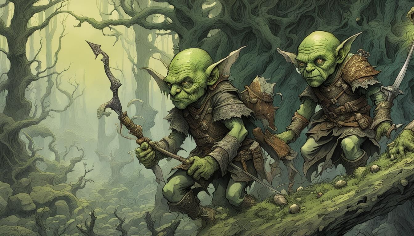 "2 green goblins in a dark forest, one with a short rusty da...