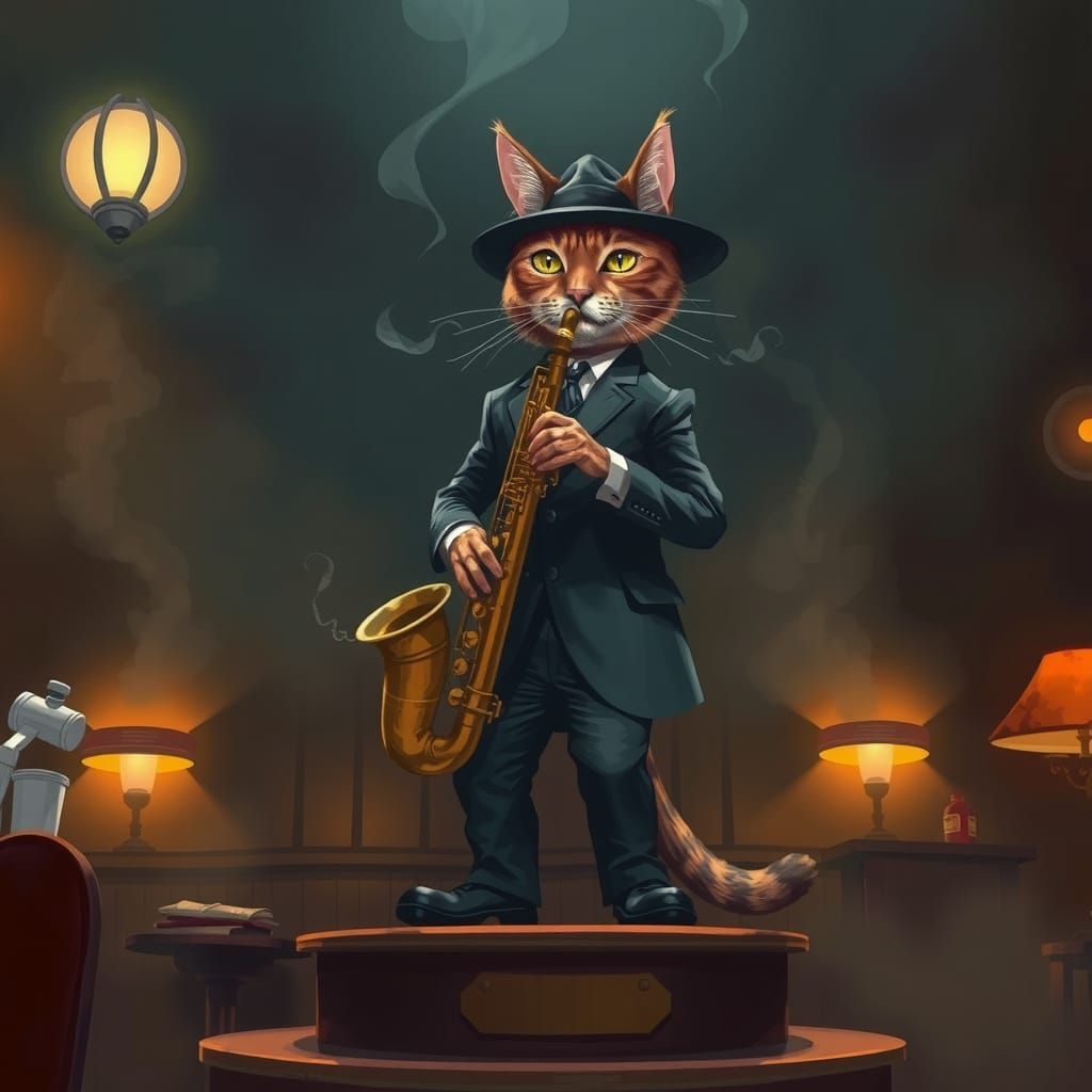 A cat playing the saxophone