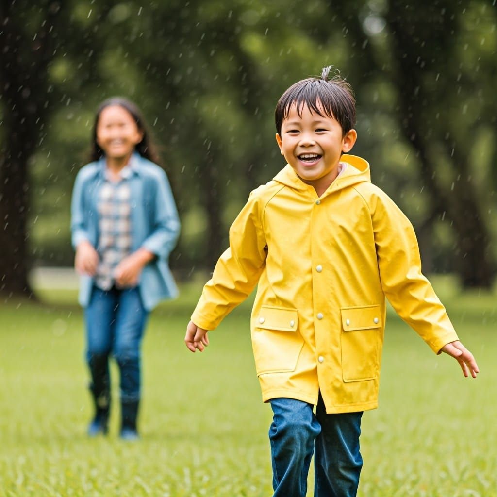 Young Boy Chases Friends in a Rainy Green Park