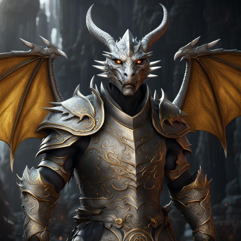 a platinum silver dragonborn with gold eyes