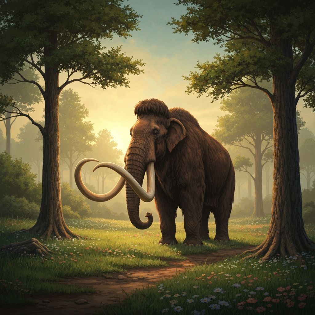 Digital painting. A towering woolly mammoth grazes peacefully in a lush, prehistoric valley, surrounded ...  by @Elviira 
