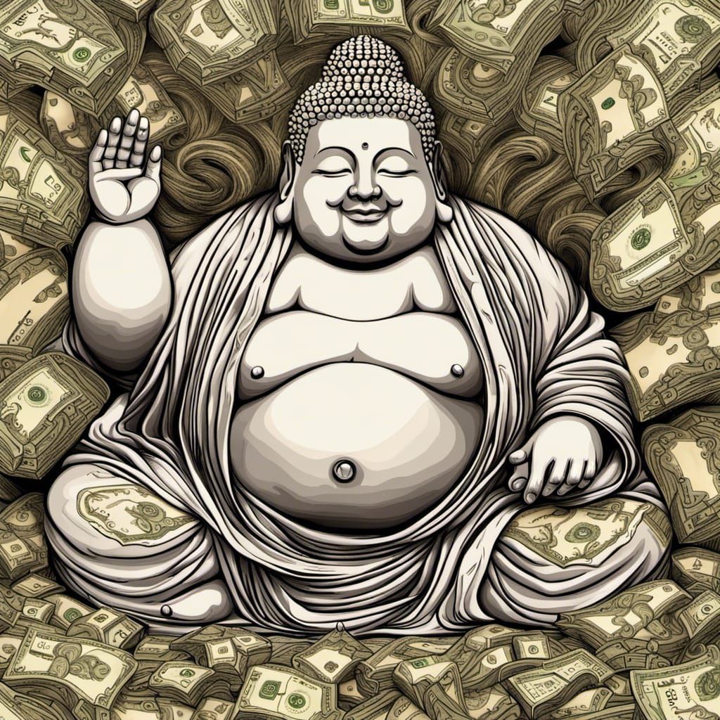 Fat Buddha with money all around him AI Generated Artwork NightCafe
