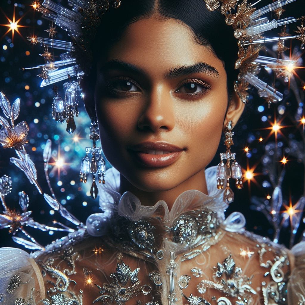 Close up portrait of a beautiful woman wearing an intricate transparent glass dress and glowing transparent ...  by @G