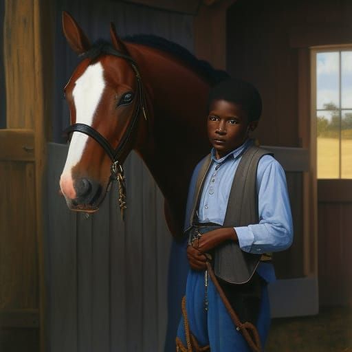 african-american stable boy with horse, inside stable, in th...