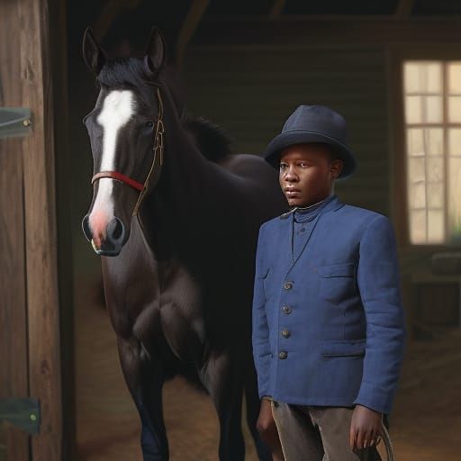african-american stable boy with horse, inside stable, in th...