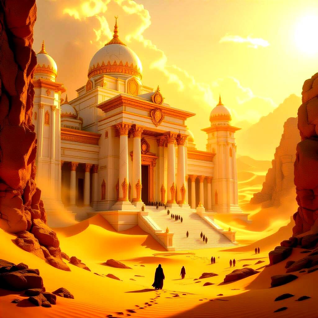 An ancient, mysterious, and intimidating sanctuary in the middle of a vast rocky desert. A grand temple complex of white marble and gold, ma...