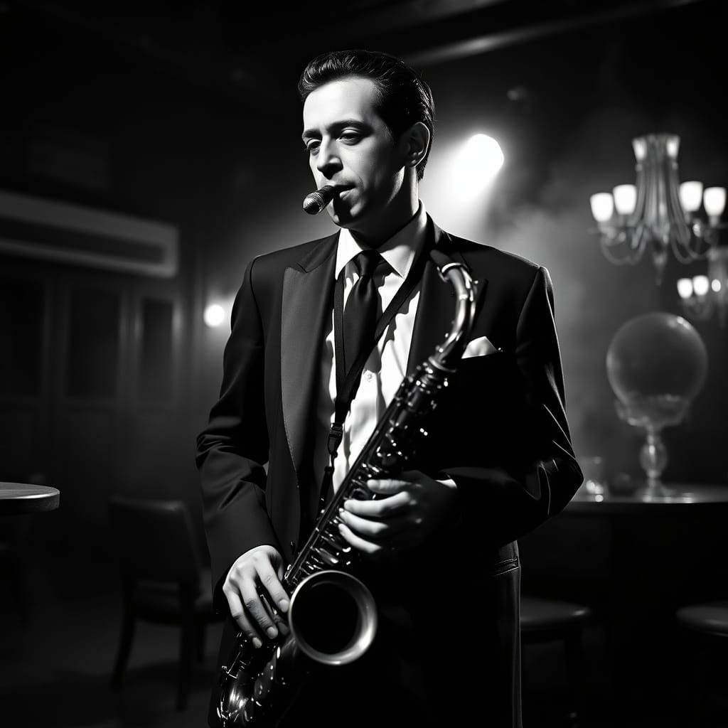 Saxophonist in Smoky Jazz Club, Classic Hollywood Portraitur...