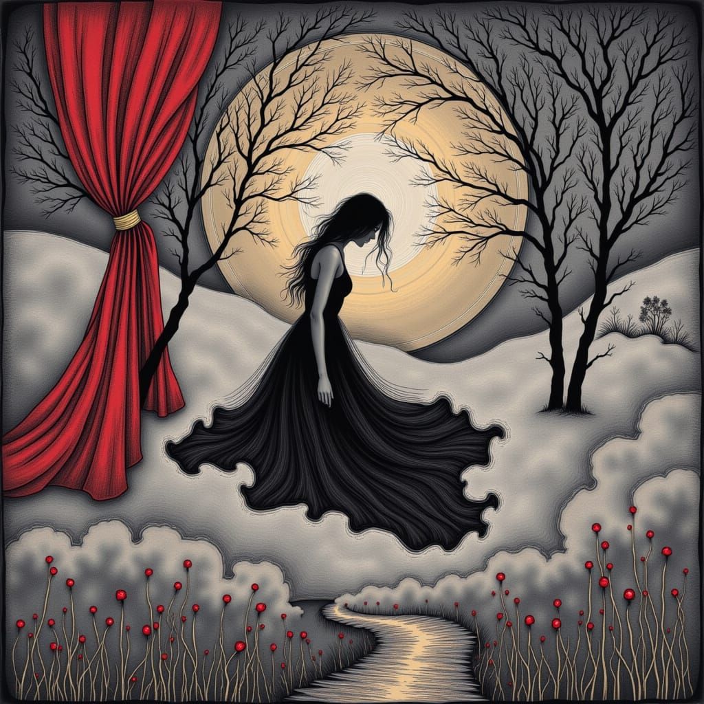 <lora:TriXy Artz:1.0> Oil painting in red black and white  haunting, exploration of identity