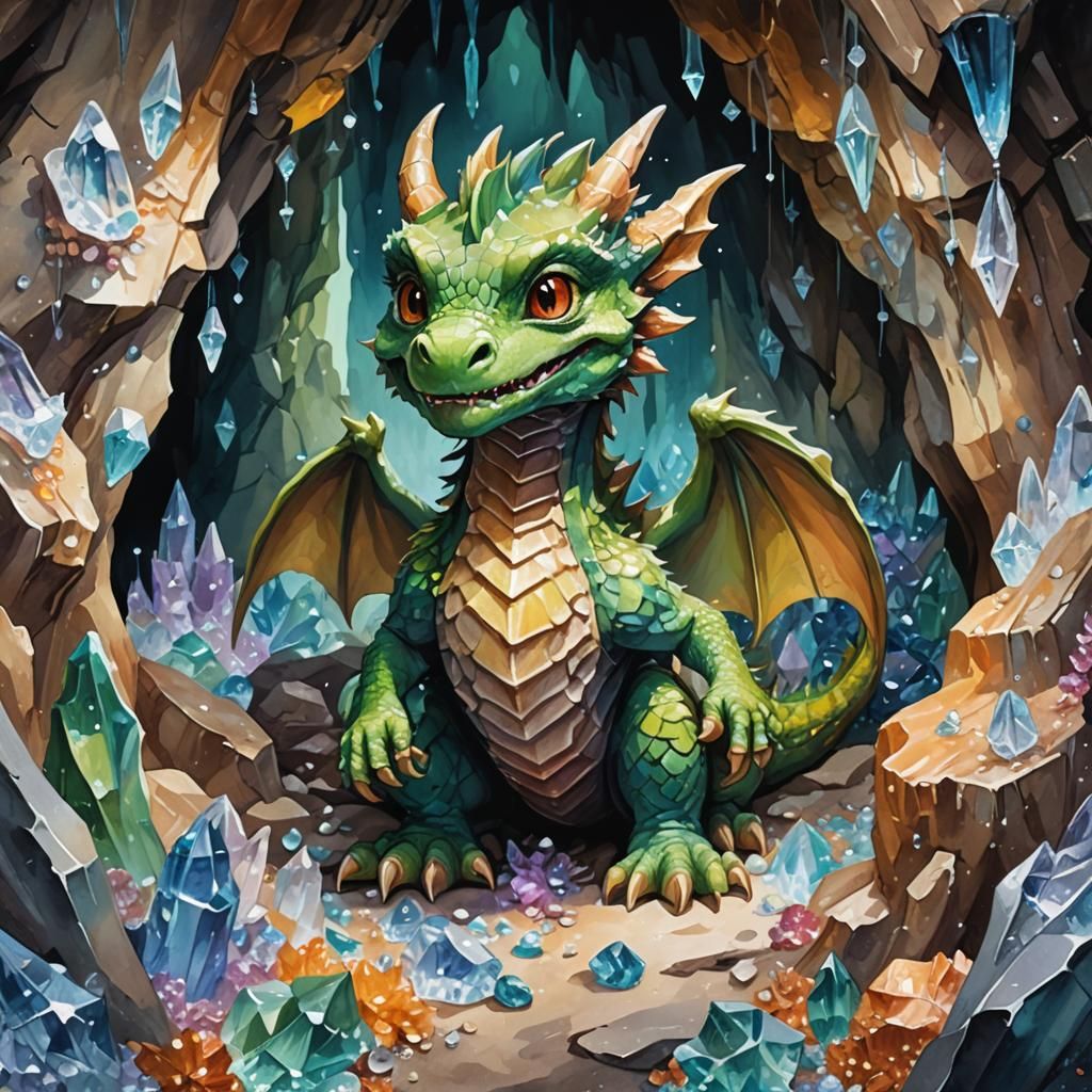 friendly baby dragon in a cave full of crystals with stalactites and ...