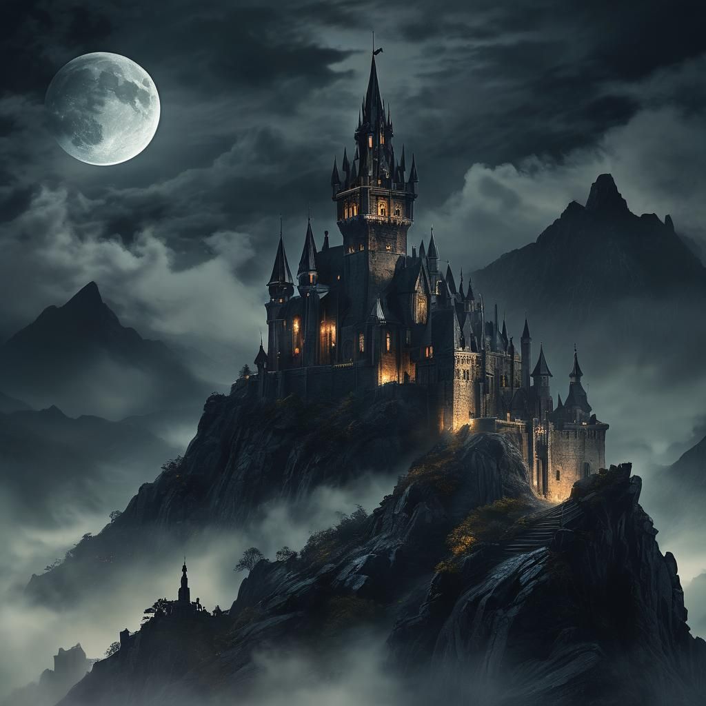 a tall, dark, gothic-style vampire castle sits atop an eerie mountain spire  by @undefined