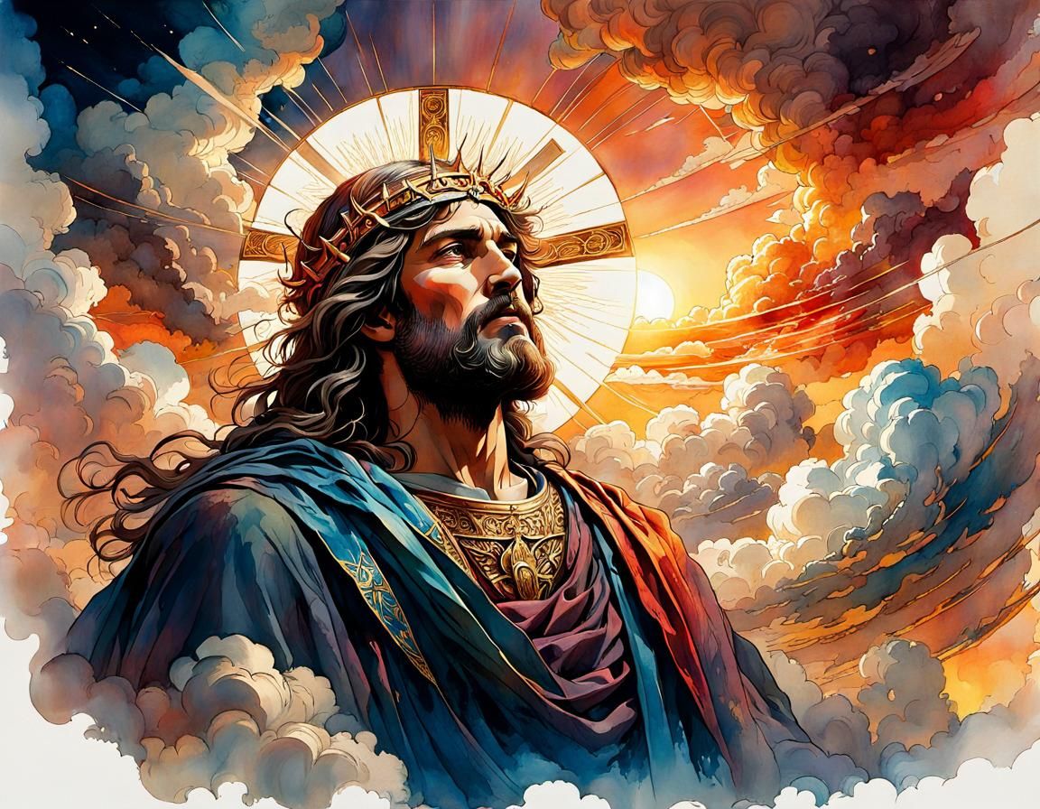 The second coming of Christ resurrection day glory clouds, people below worship with joy . Impressive picture. Pencil pr...