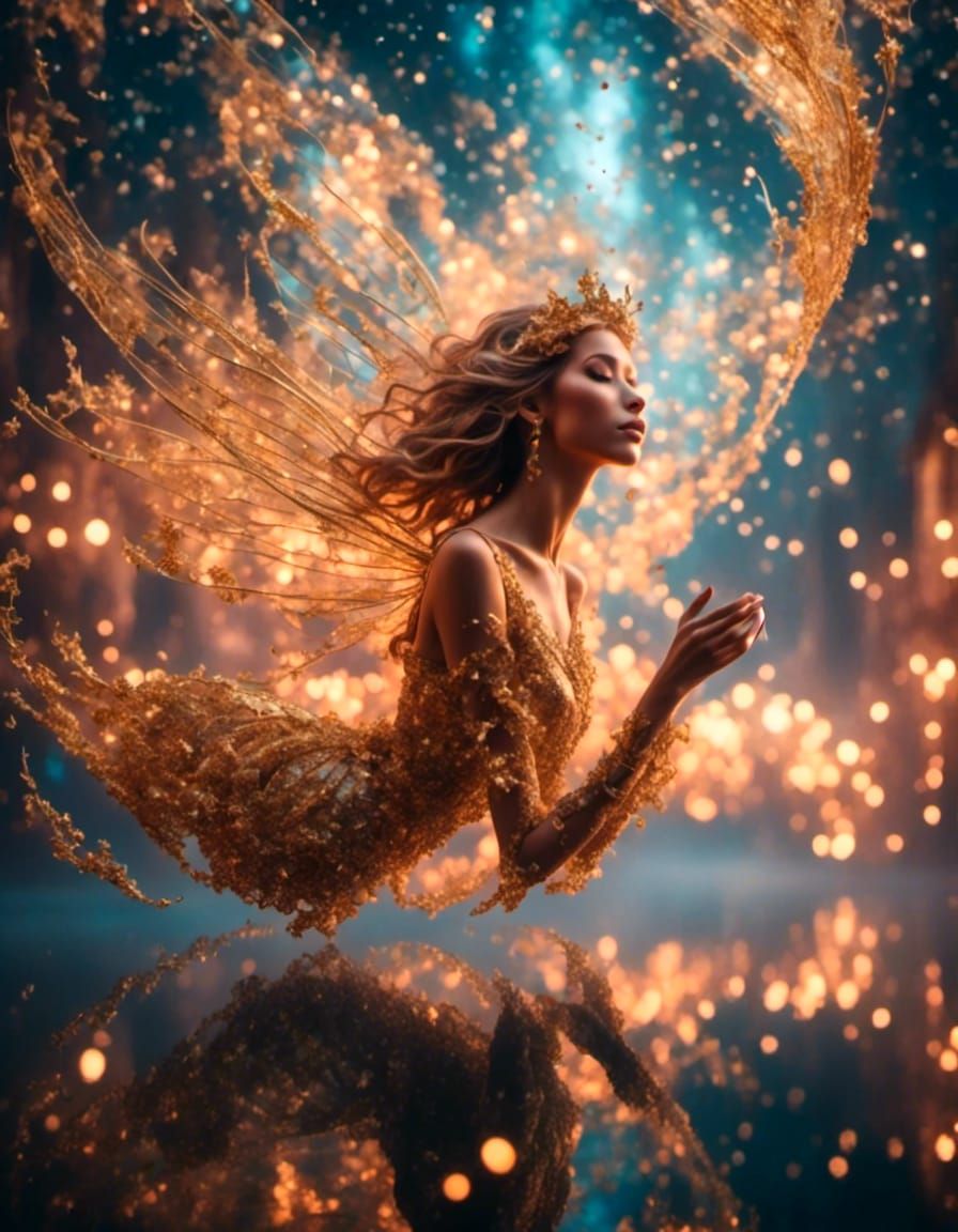 A fairy falling through a ornate gold mirror in the sky, dep...
