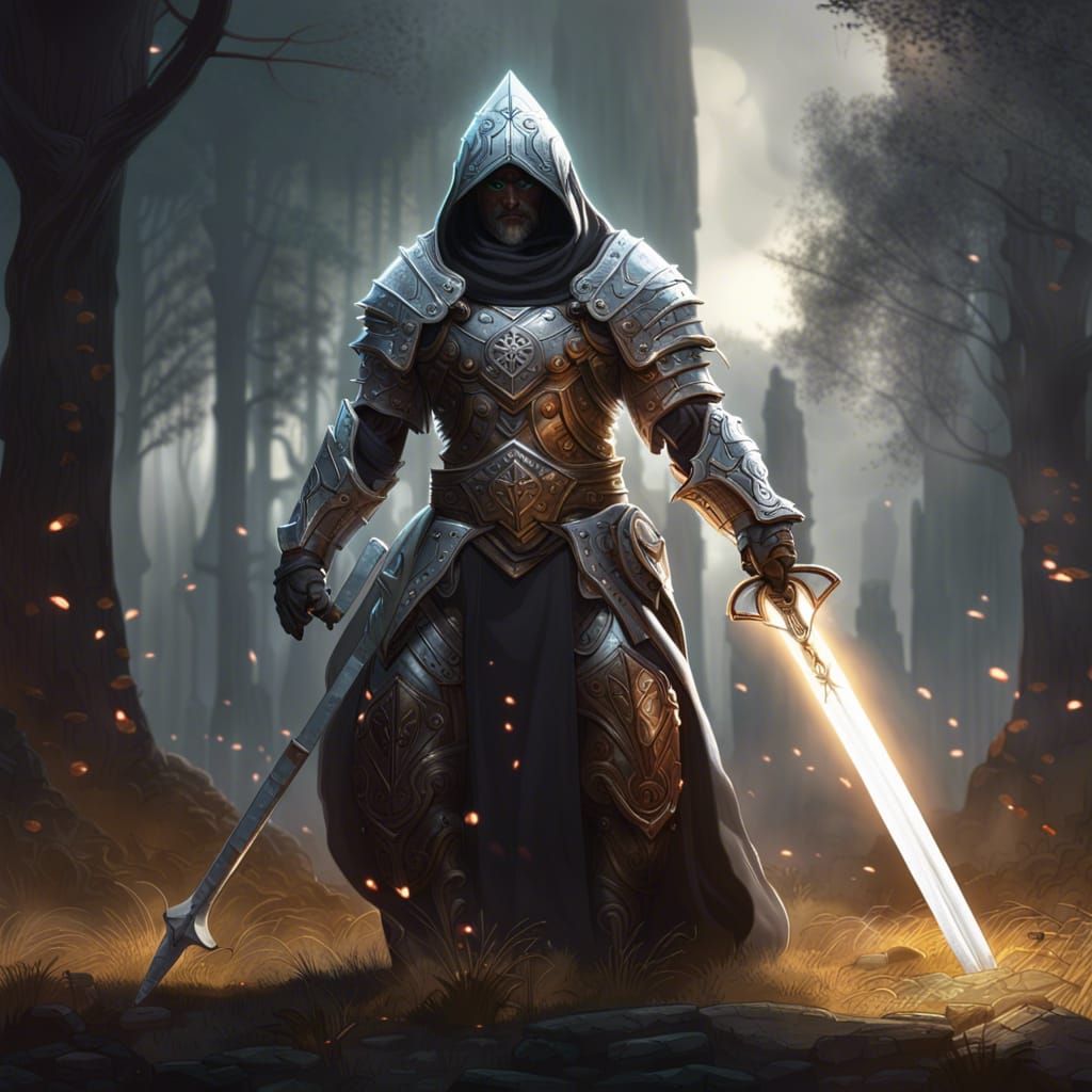 hooded holy paladin wearing banded mail standing on battle f...