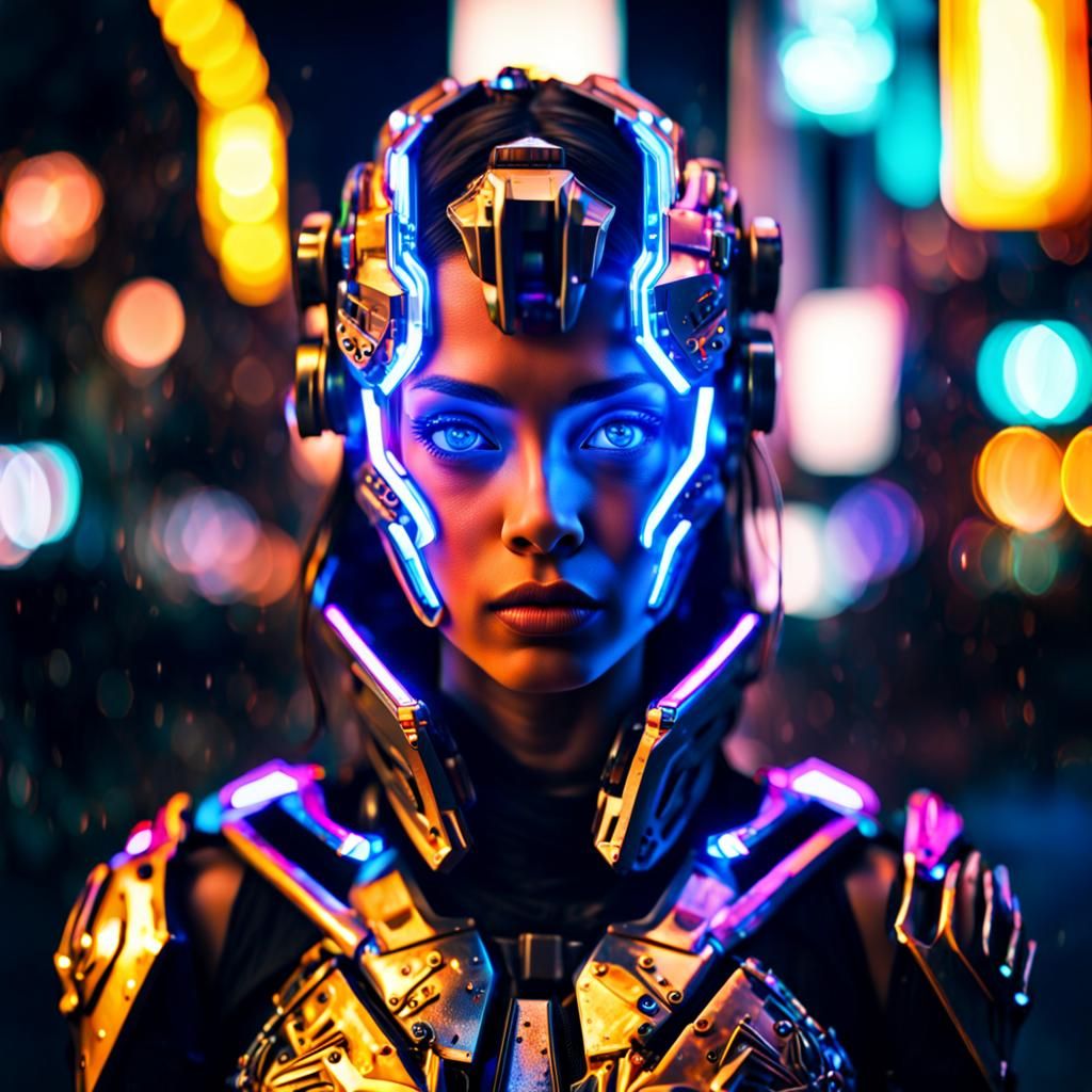 Portrait of a cyborg girl wearing futuristic face armor in a...