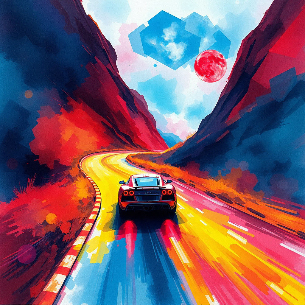 Watercolor Car on Mountain Road in Fantasy Style