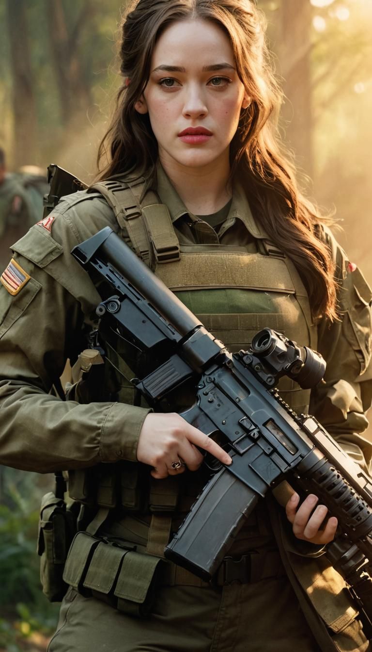 Phoebe Cates in military fatigues, her expression determined, holds a rifle in a firm grip. The sunlight casts a warm glow on her face, high...
