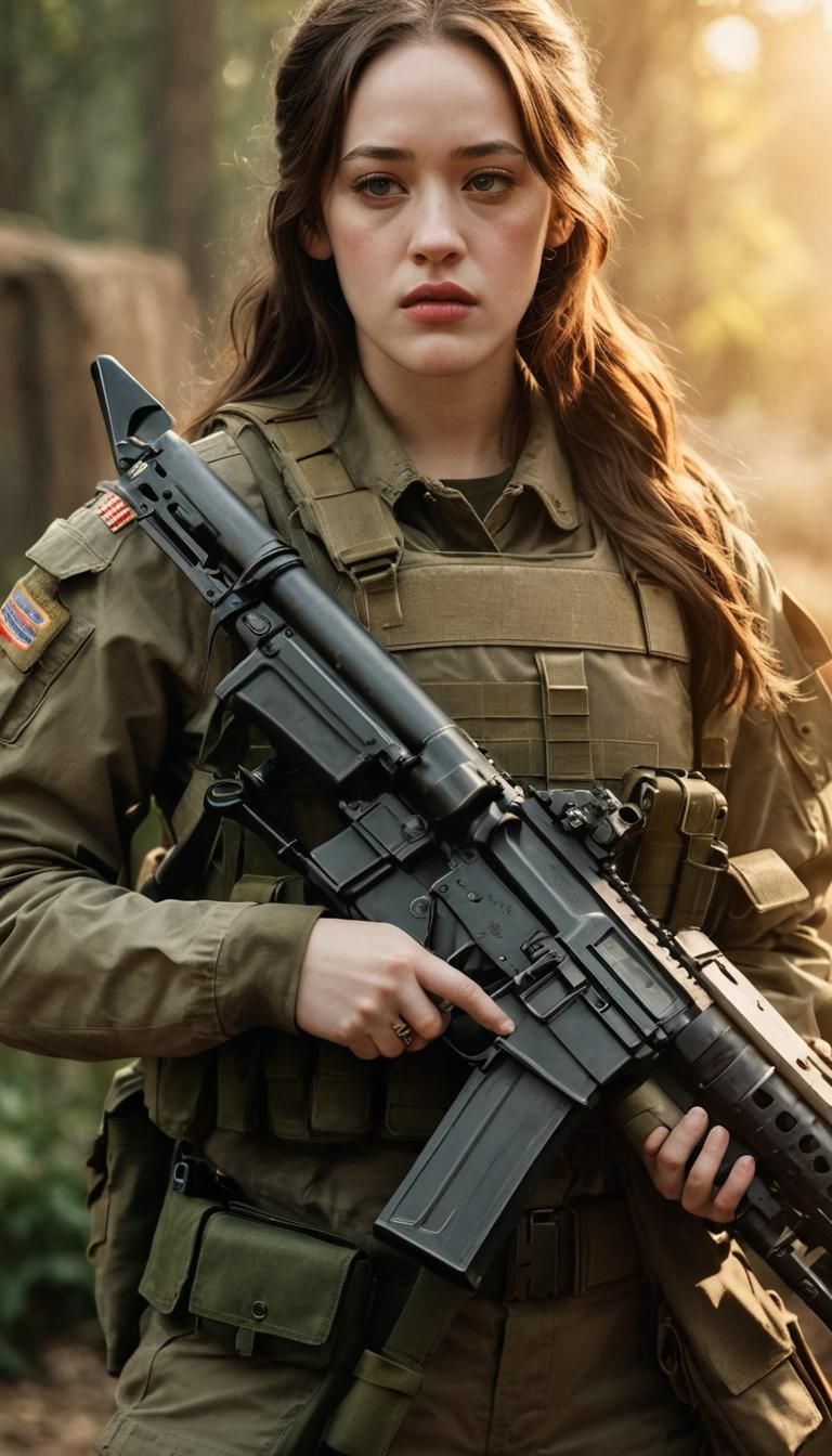 Mary Elizabeth Winstead in military fatigues, her expression determined, holds a rifle in a firm grip. The sunlight casts a warm glow on her face, high...