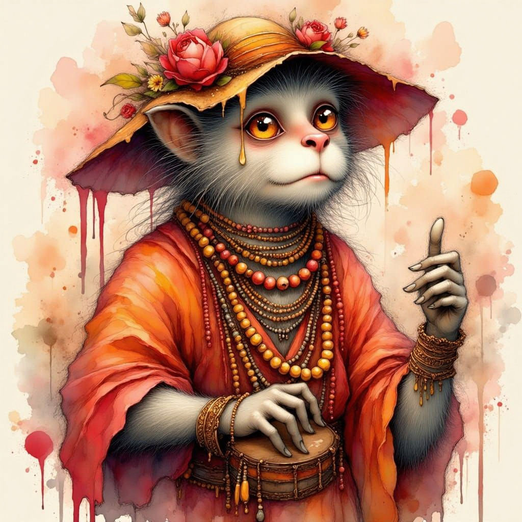 <lora:Ink Poet:1.0> An anime drawing of an anthropomorphic middle-aged tamarin dressed in red and orange with layered necklaces of wooden be...