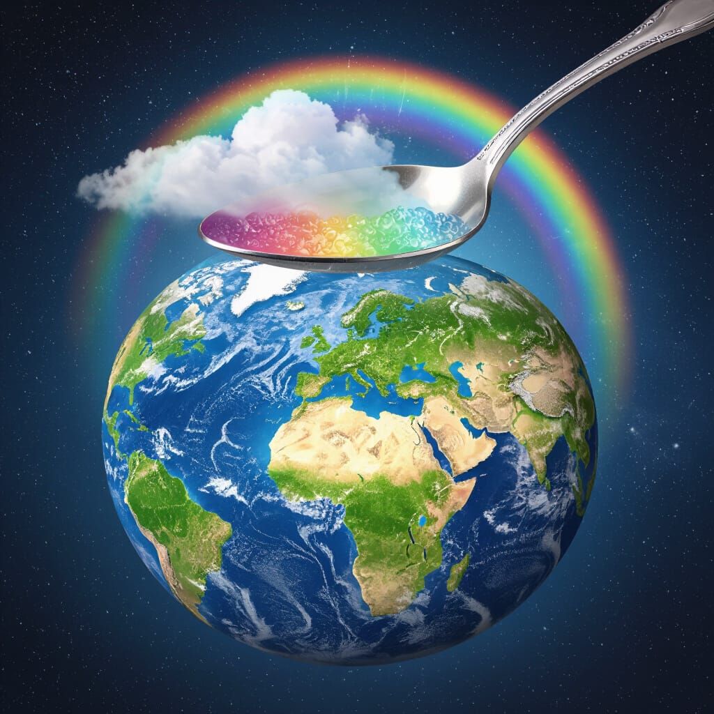 A globe with a giant spoon hovering above it with a rainbow weather inside the spoon.