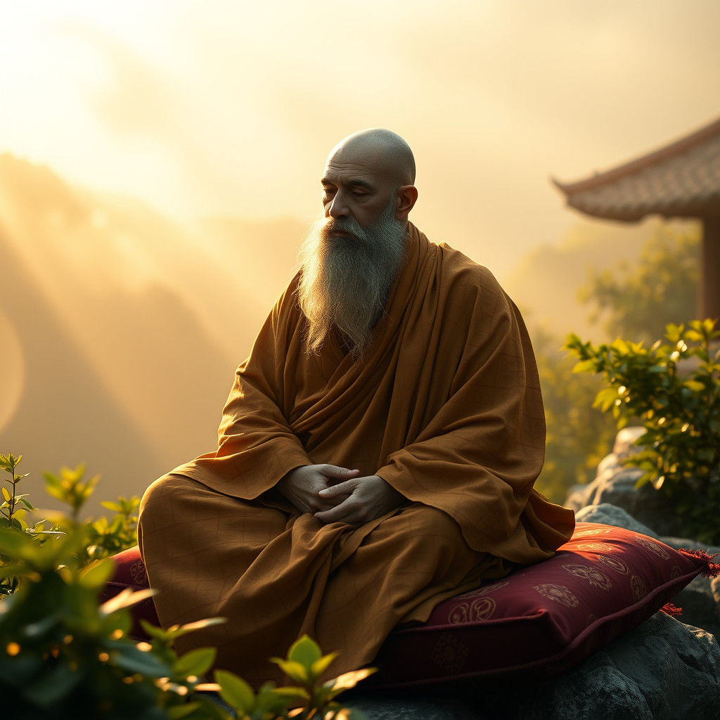 Monk Meditating in Mountain Monastery, Golden Hues