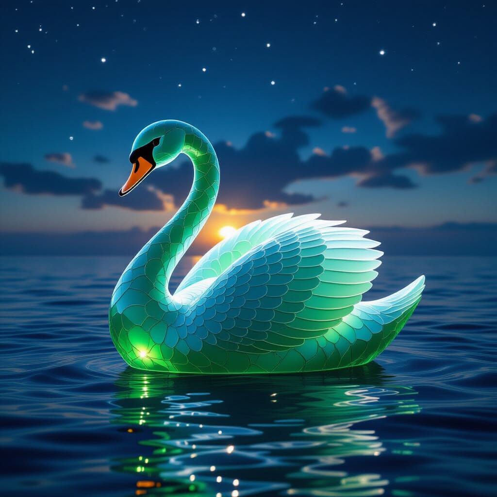 beautiful photo of the night sea on which it is floating masterpiece sculpture of a swan made of smooth green sea glass, 1