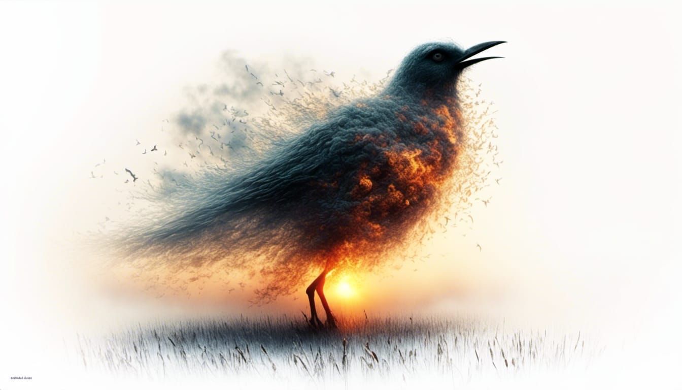 ghostly bird made of light in a fiery field. lovely clouds. Ethereal.  Heavenly light! <lora:Bathing in light:1.0>  professional photography...