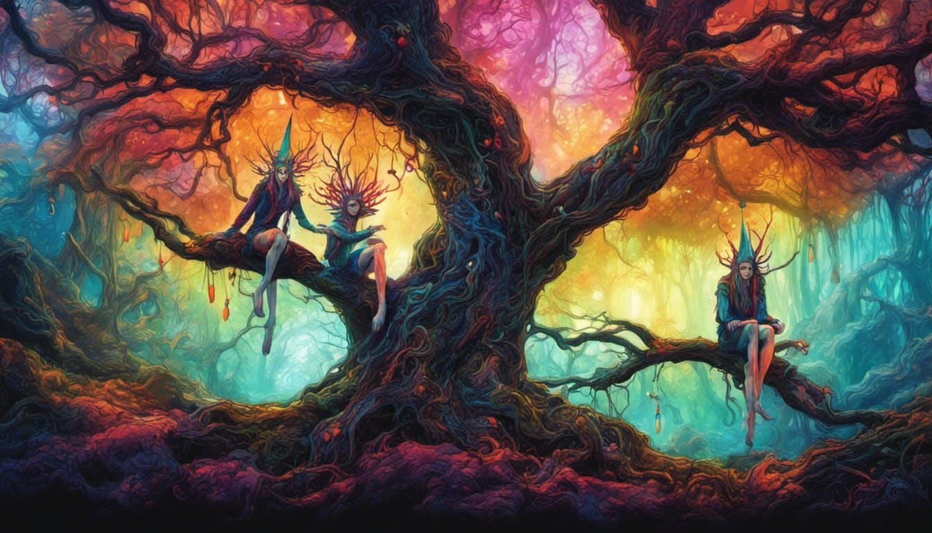 playful psychedelic wood elves sitting on tree branches in psychedelic trees in a dark fantasy forest, fable, high contr...