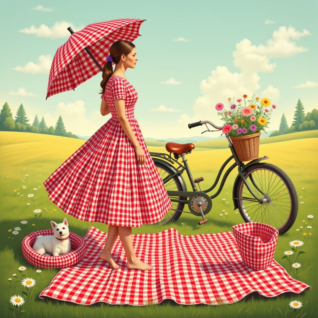 <lora:Gingham World:1.0> A woman in a red and white gingham dress stands barefoot on a gingham picnic blanket in a sunny meadow, beside a g...