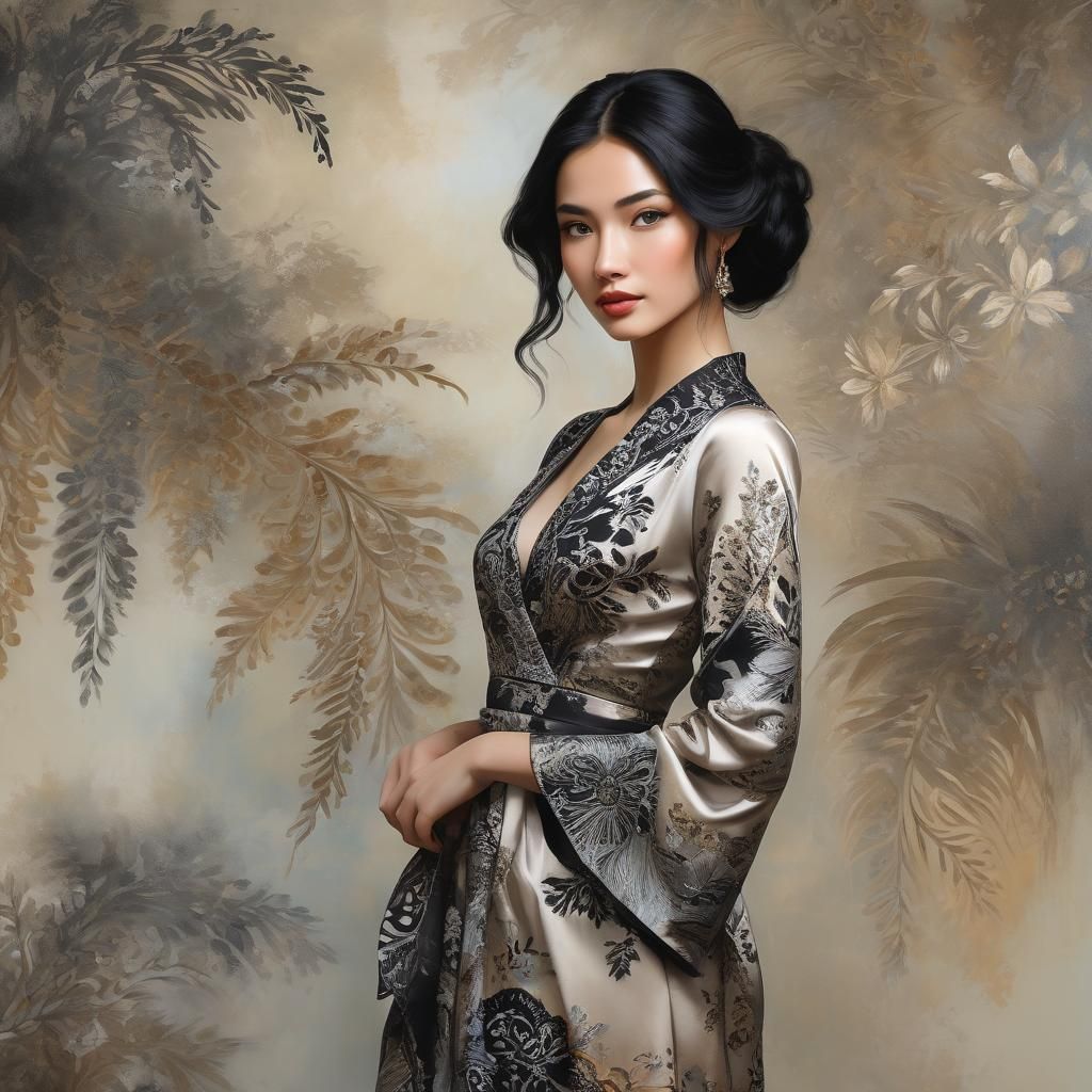"An enchanting portrait of a young woman with black hair, el...